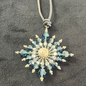 Blue and Silver Starburst Beaded Pendant on 20"  Leather Necklace  NWOT